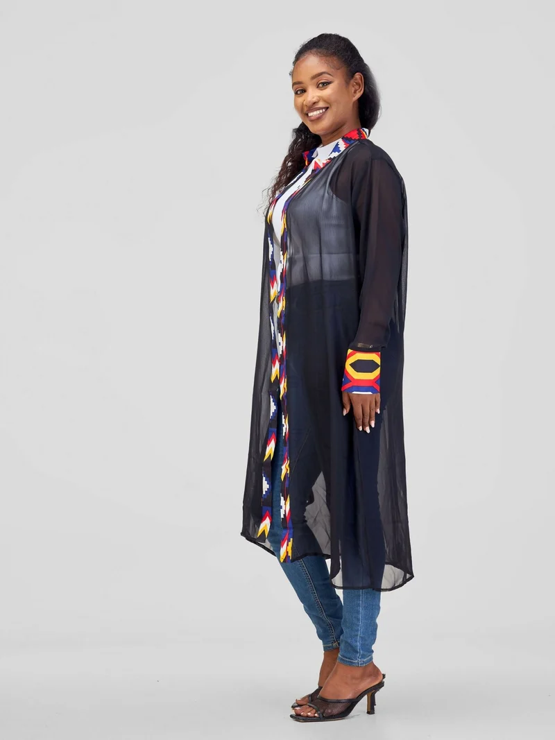 Misstcal Chiffon Border Beltcentre Ankara Print Kimono - Black