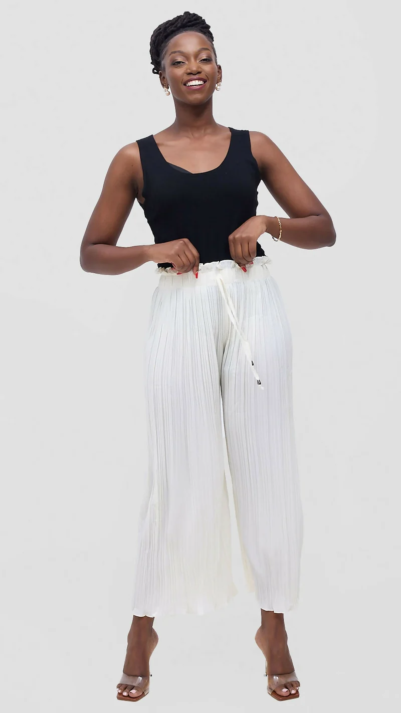 Hessed Long Loose Fit Pleated Culotte Pant - White
