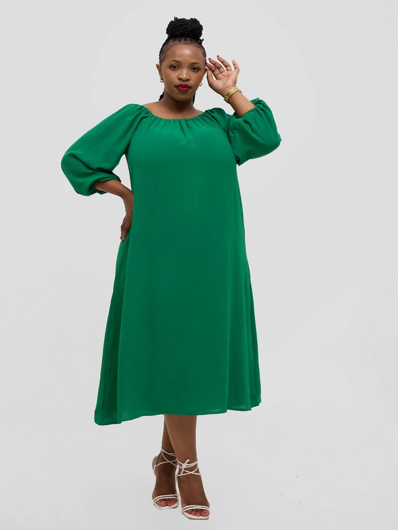 Hessed Off Shoulder Sleeved Dress - Green