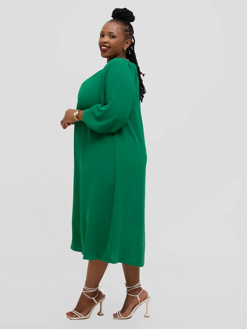 Hessed Off Shoulder Sleeved Dress - Green