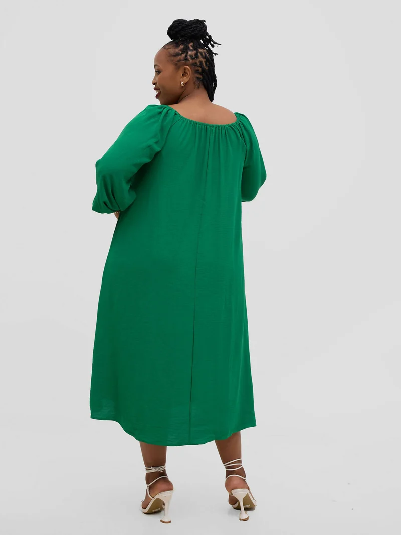 Hessed Off Shoulder Sleeved Dress - Green