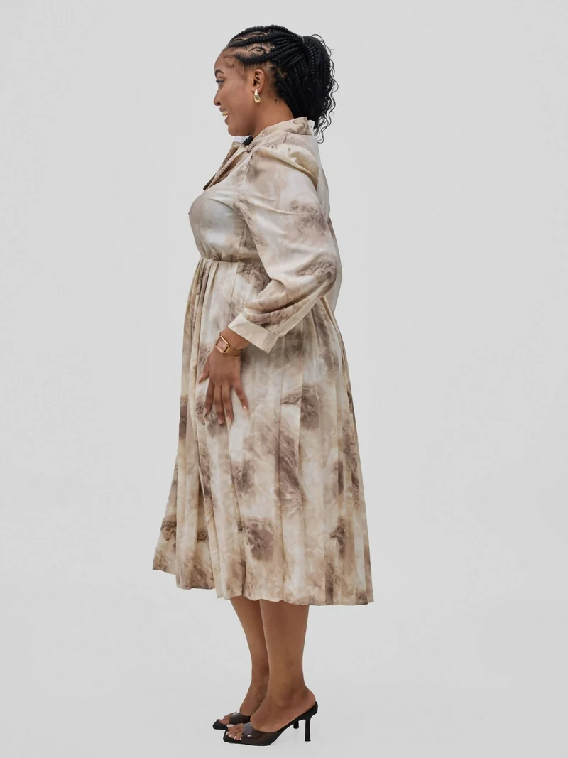 Hessed Tie Neck floral pleated Long Sleeve Dresses - Brown