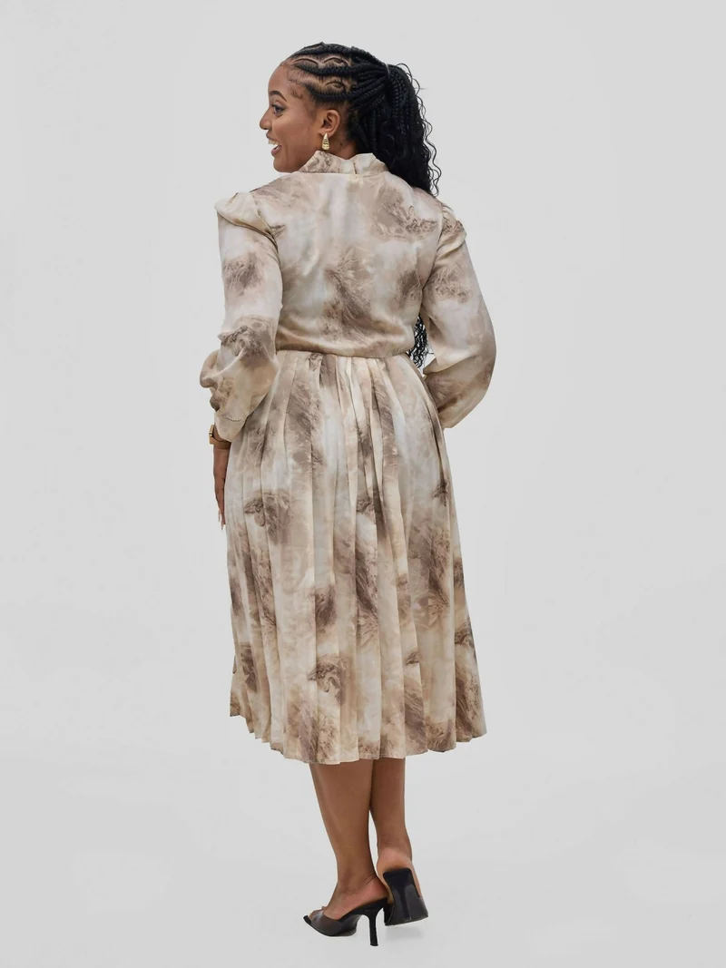 Hessed Tie Neck floral pleated Long Sleeve Dresses - Brown