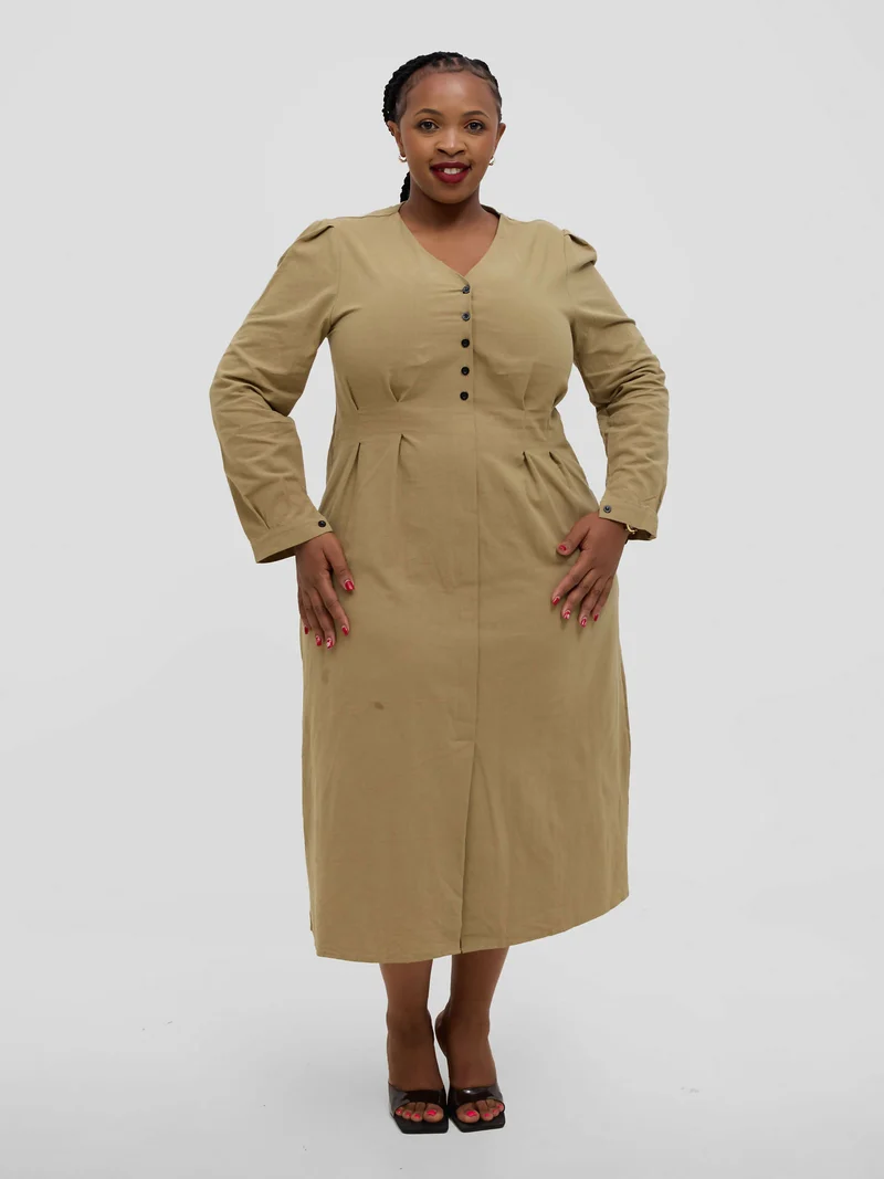 Hessed Long Sleeved Buttoned Dress - Khaki