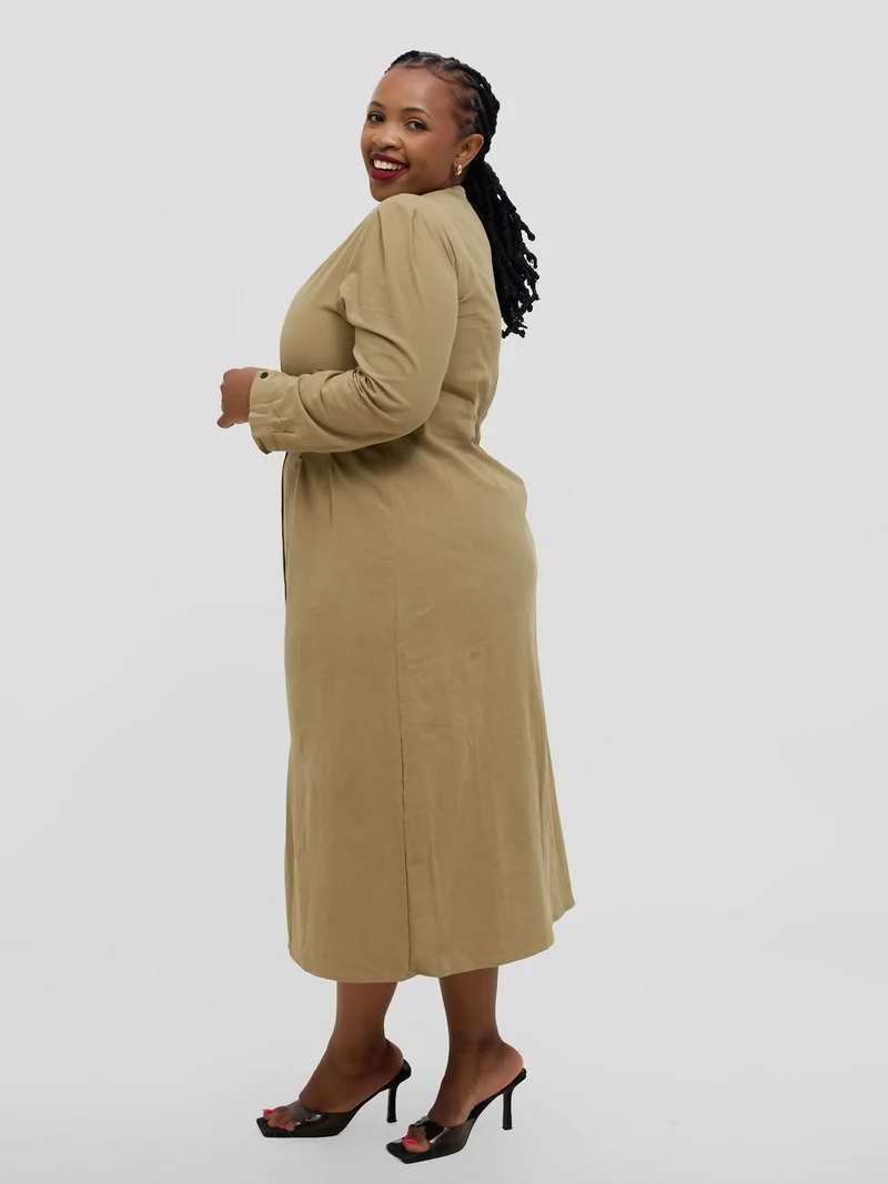 Hessed Long Sleeved Buttoned Dress - Khaki