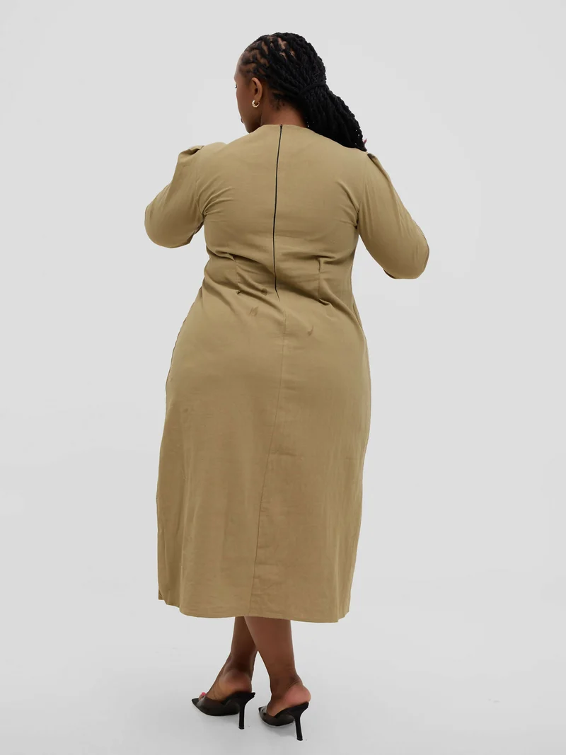 Hessed Long Sleeved Buttoned Dress - Khaki