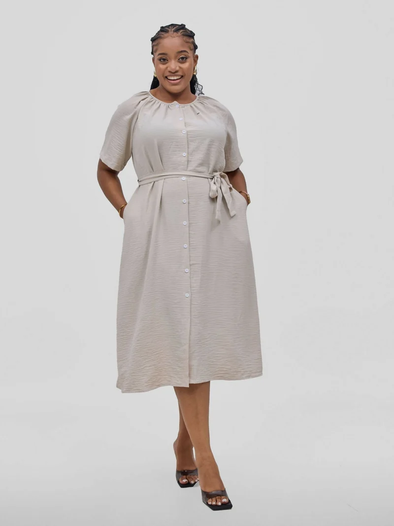 Hessed Long Buttoned Short Sleeve Dress - Cream / White