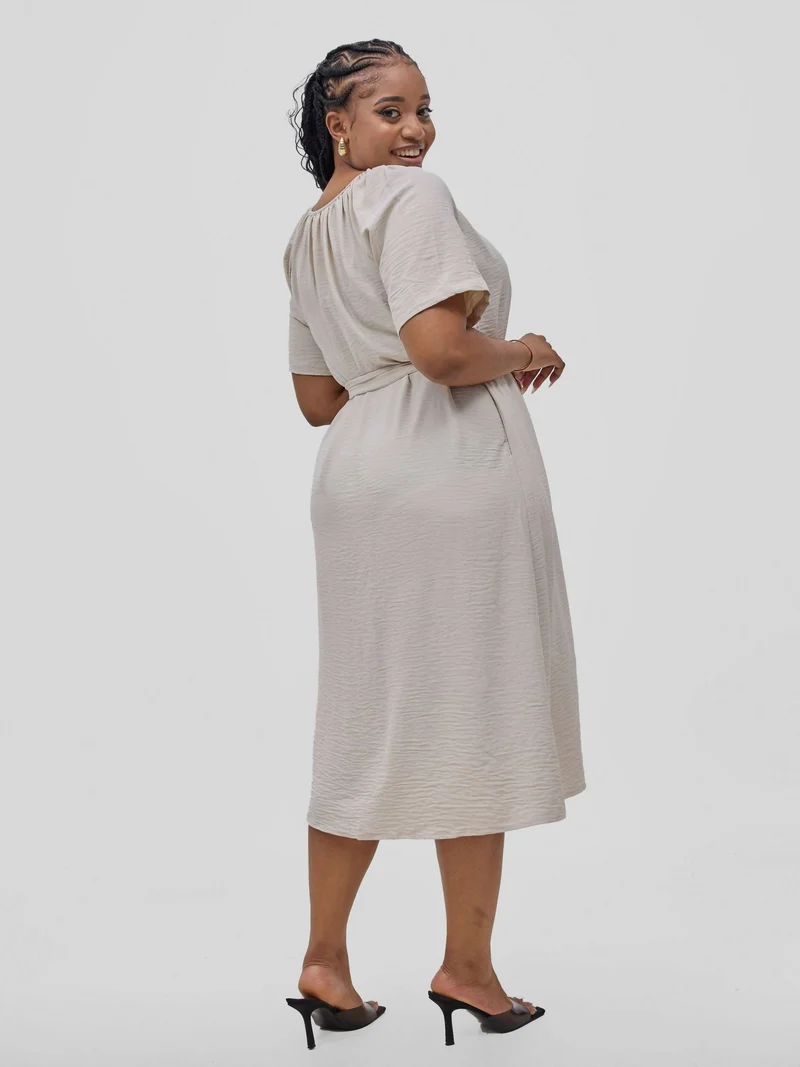 Hessed Long Buttoned Short Sleeve Dress - Cream / White