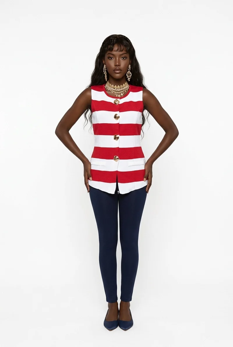 Stylish Sisters Fashion Sleeveless Striped Button-Down Vest - Red & White