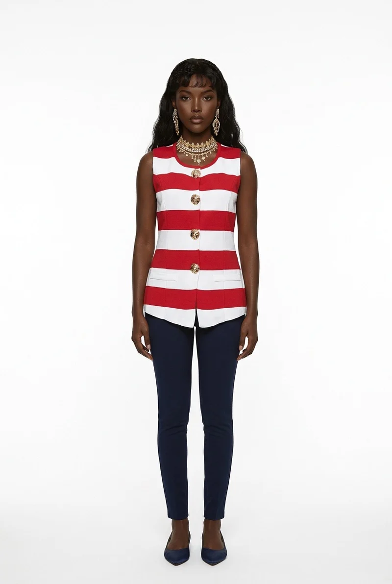 Stylish Sisters Fashion Sleeveless Striped Button-Down Vest - Red & White