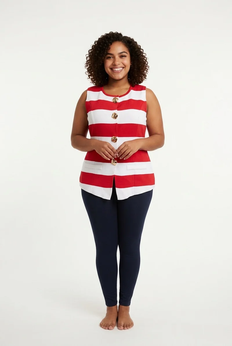 Stylish Sisters Fashion Sleeveless Striped Button-Down Vest - Red & White