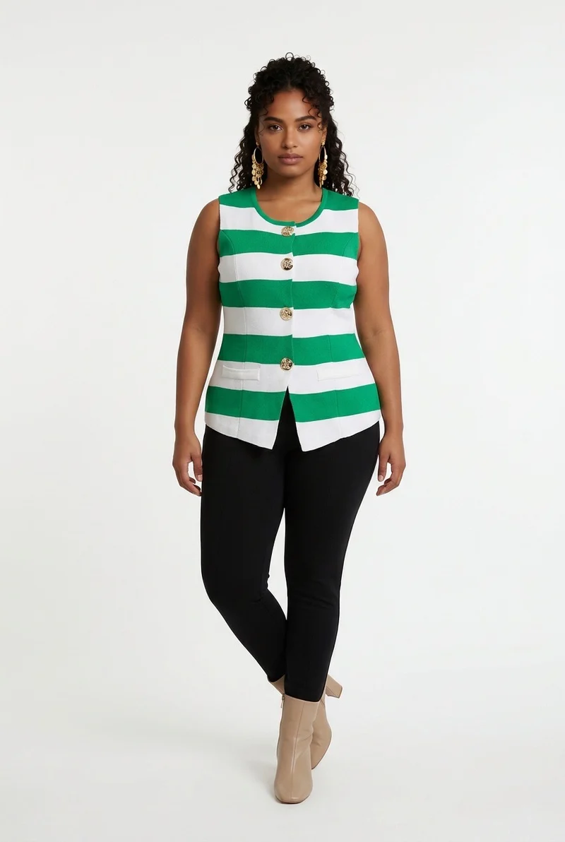Stylish Sisters Fashion Sleeveless Striped Button-Down Vest - Green & White