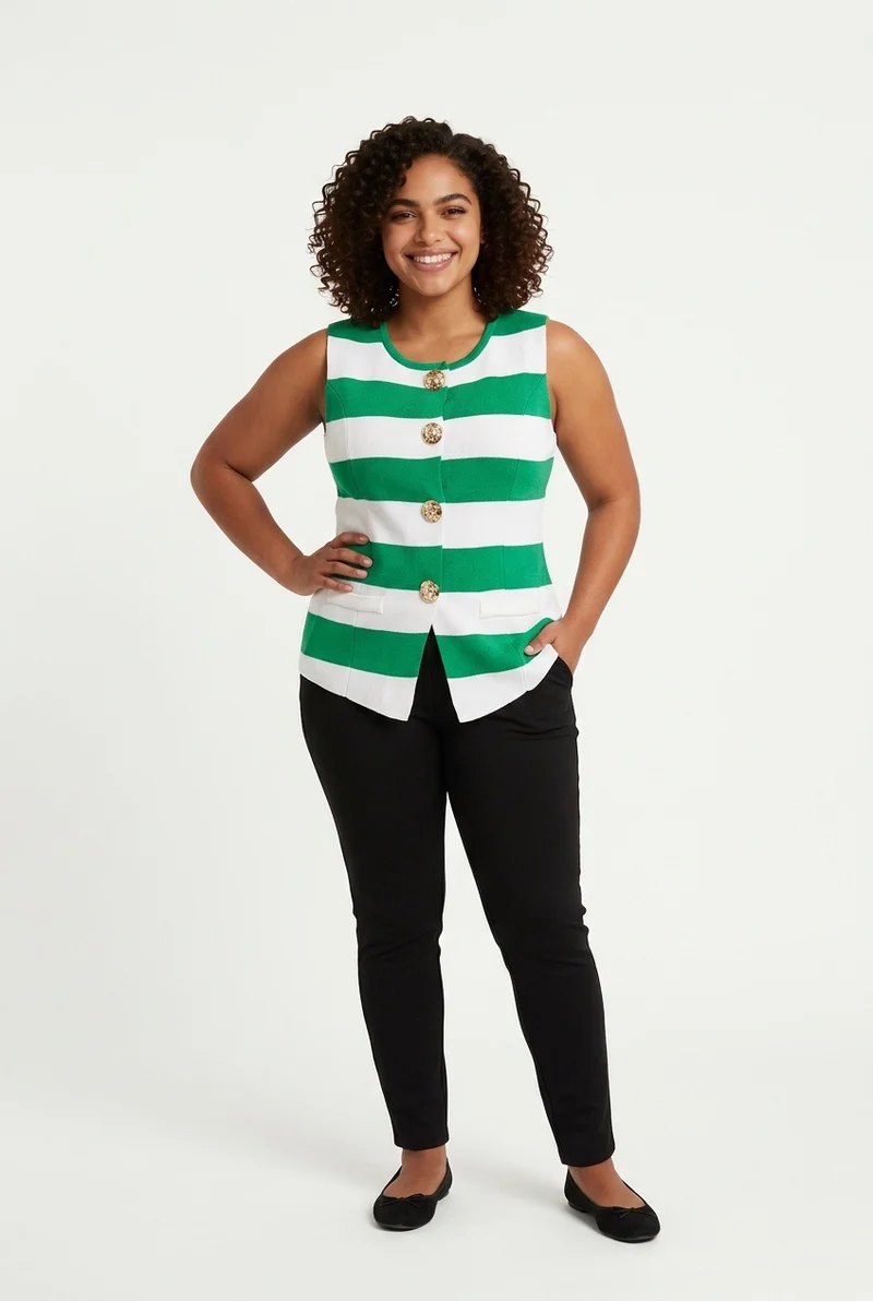 Stylish Sisters Fashion Sleeveless Striped Button-Down Vest - Green & White