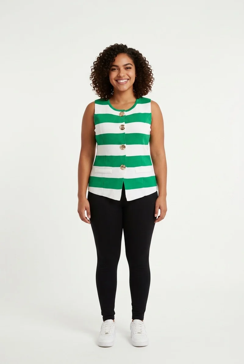 Stylish Sisters Fashion Sleeveless Striped Button-Down Vest - Green & White
