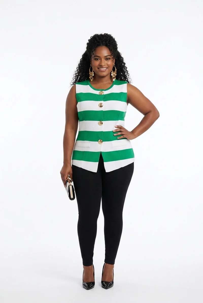 Stylish Sisters Fashion Sleeveless Striped Button-Down Vest - Green & White