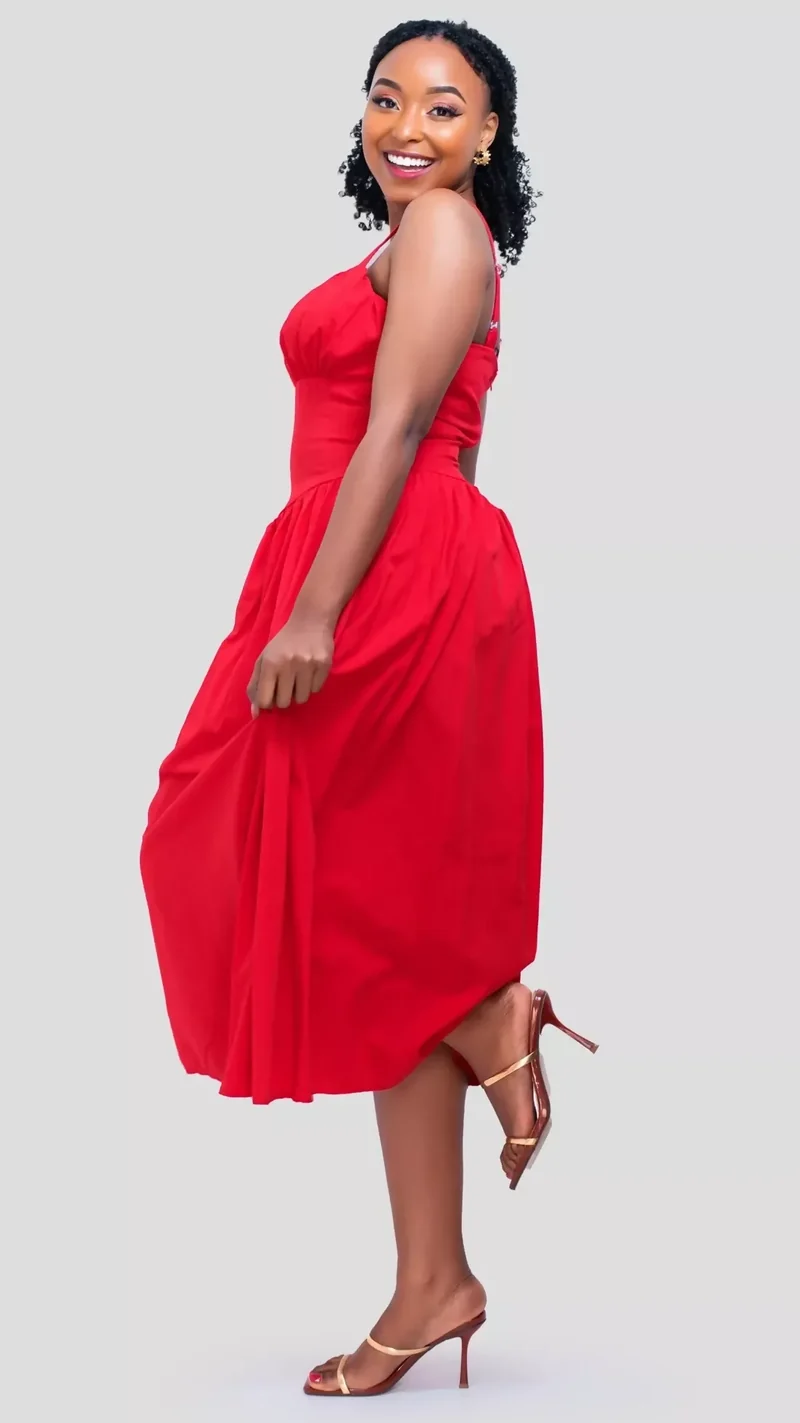 The Fashion Frenzy Scarlet Elegance Midi Skater Dress - Red