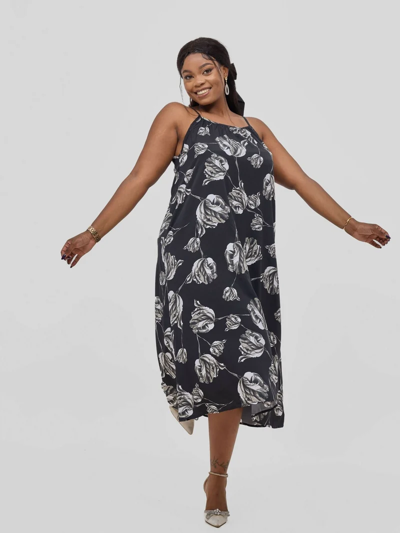 Hessed Flower Print Midi Sleeveless Dress - Black