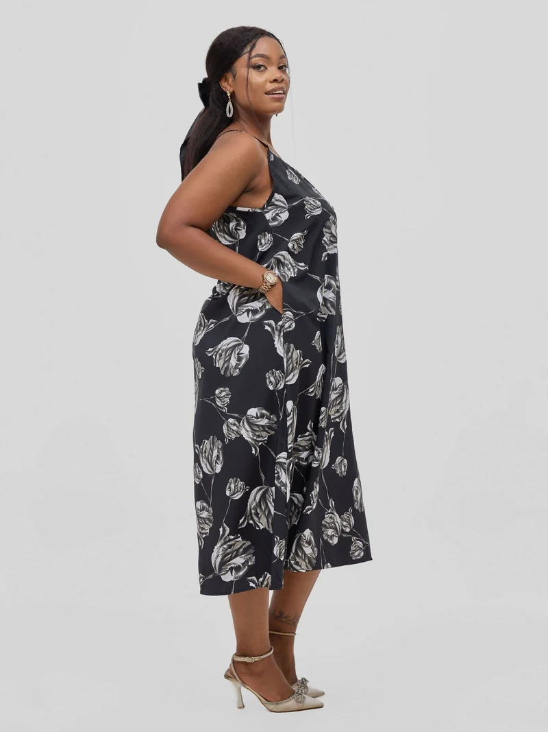 Hessed Flower Print Midi Sleeveless Dress - Black