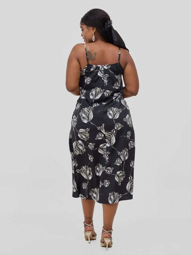 Hessed Flower Print Midi Sleeveless Dress - Black