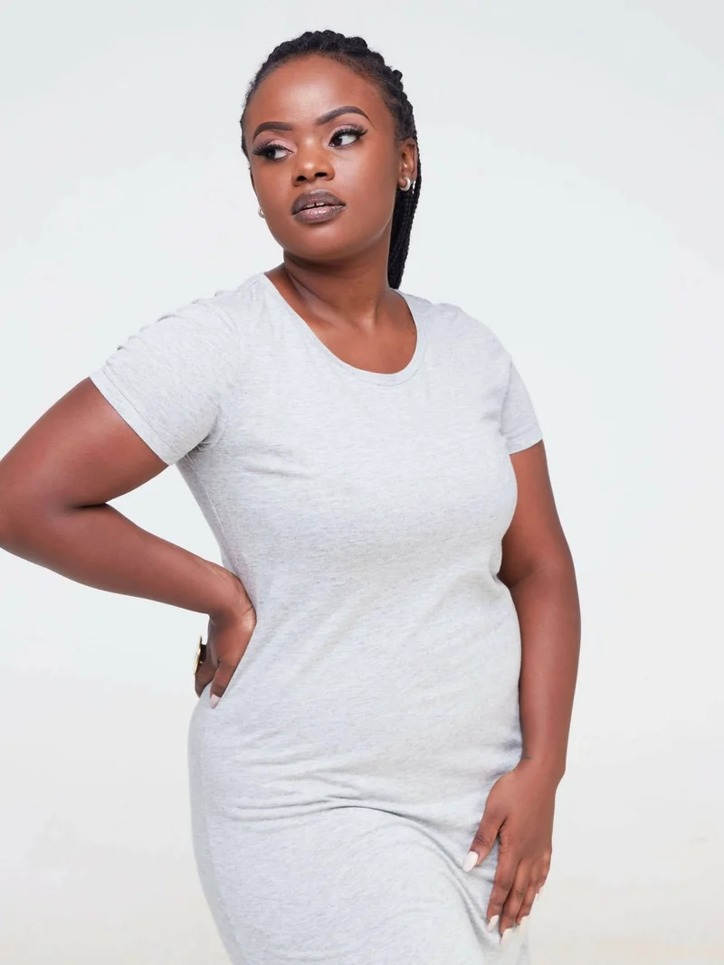 Hessed Sleeved Midi Plain Dress