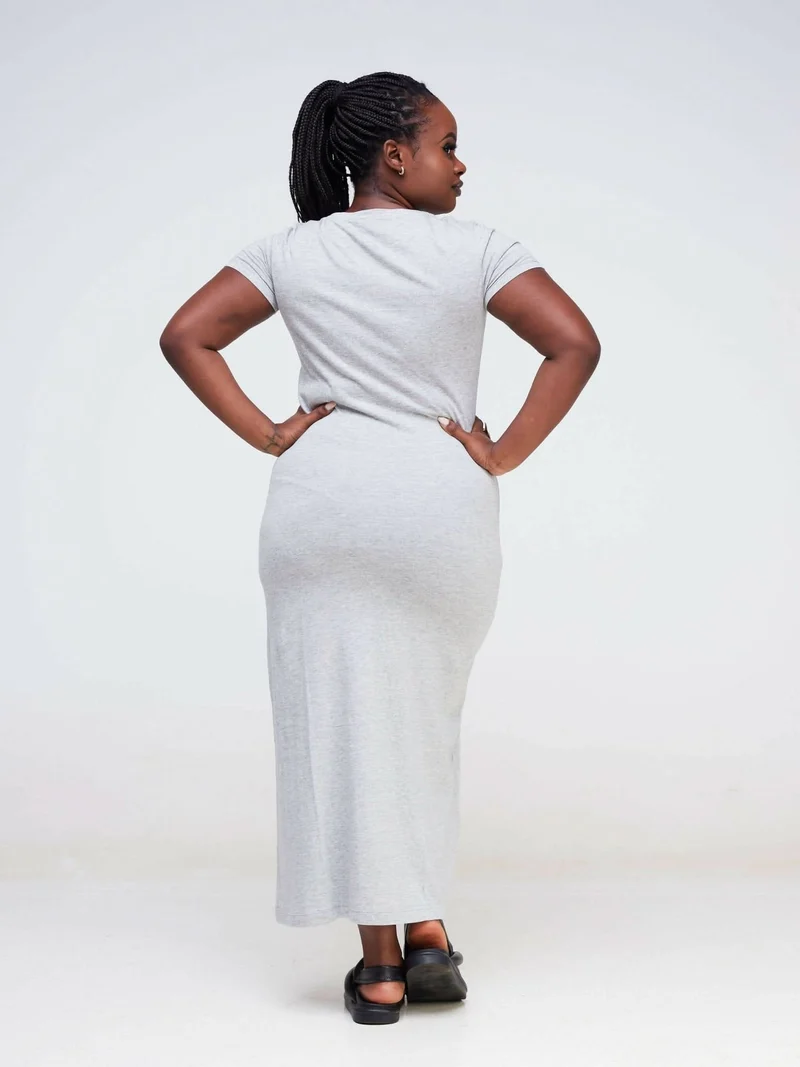 Hessed Sleeved Midi Plain Dress
