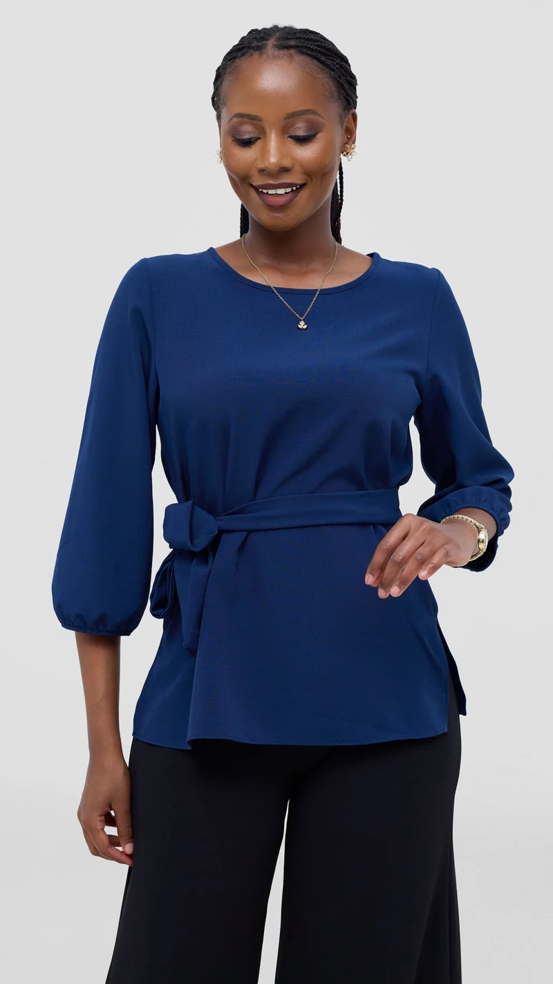Vivo Kani Bishop Sleeve Top in Crepe - Navy