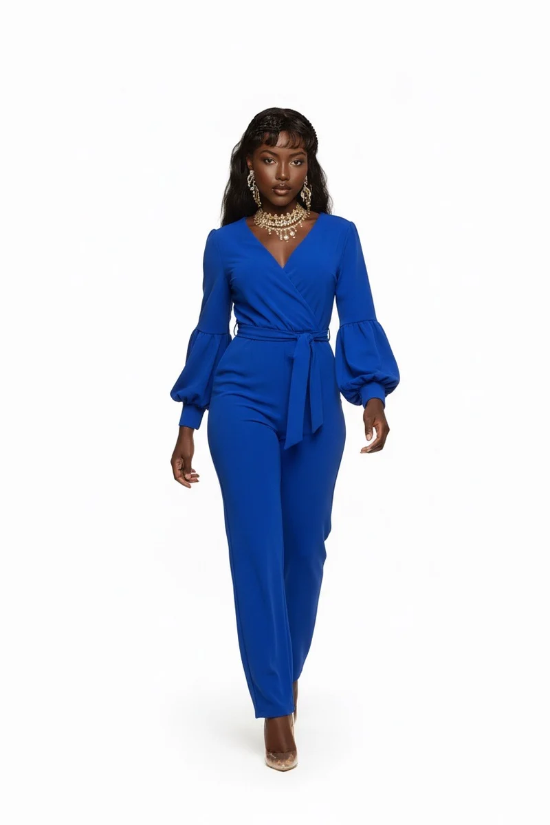Stylish Sisters V-Neck Long Sleeve Belted Jumpsuit - Royal Blue