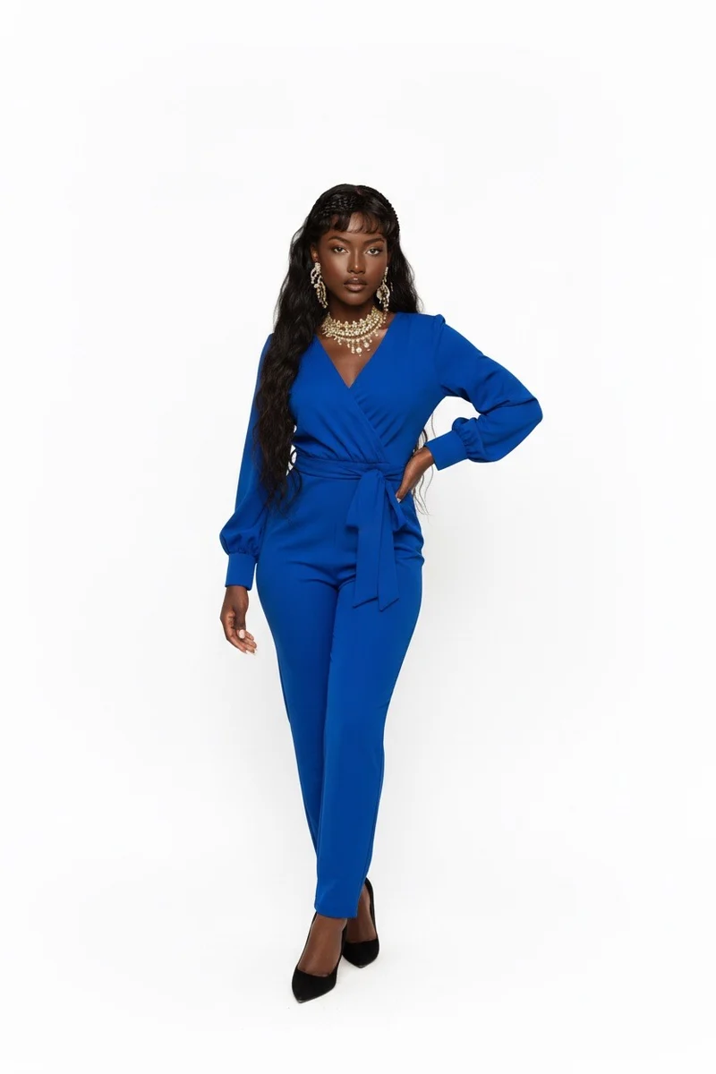 Stylish Sisters V-Neck Long Sleeve Belted Jumpsuit - Royal Blue