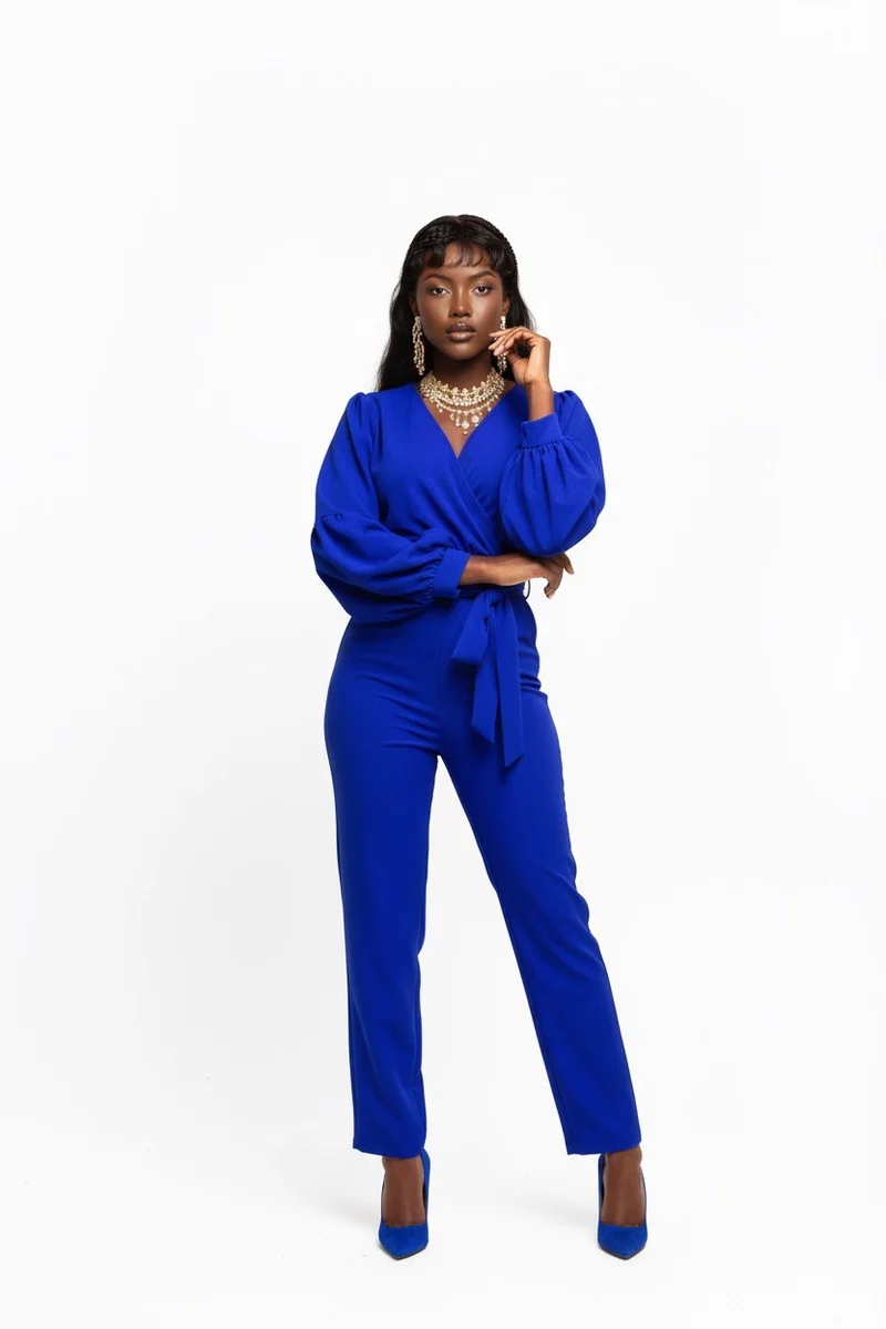 Stylish Sisters V-Neck Long Sleeve Belted Jumpsuit - Royal Blue