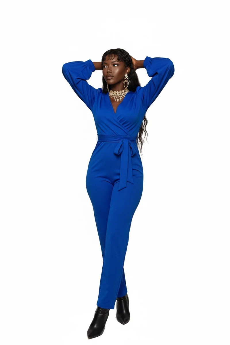 Stylish Sisters V-Neck Long Sleeve Belted Jumpsuit - Royal Blue
