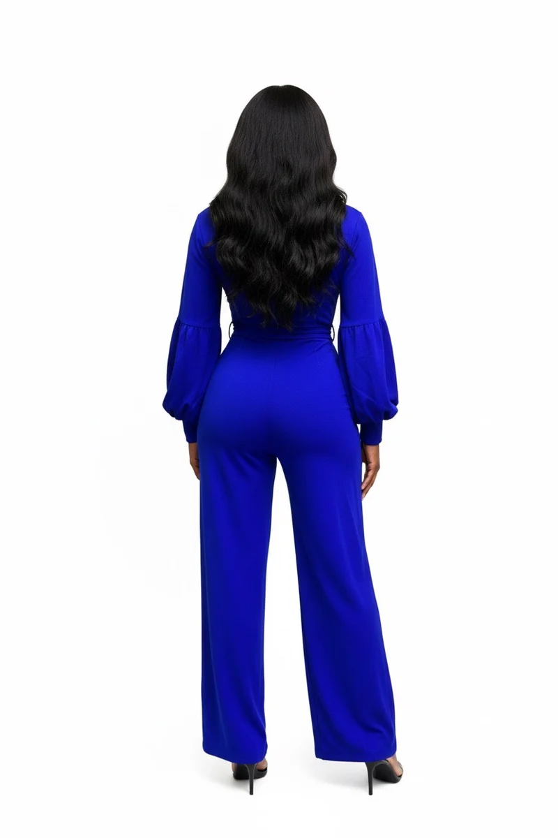 Stylish Sisters V-Neck Long Sleeve Belted Jumpsuit - Royal Blue