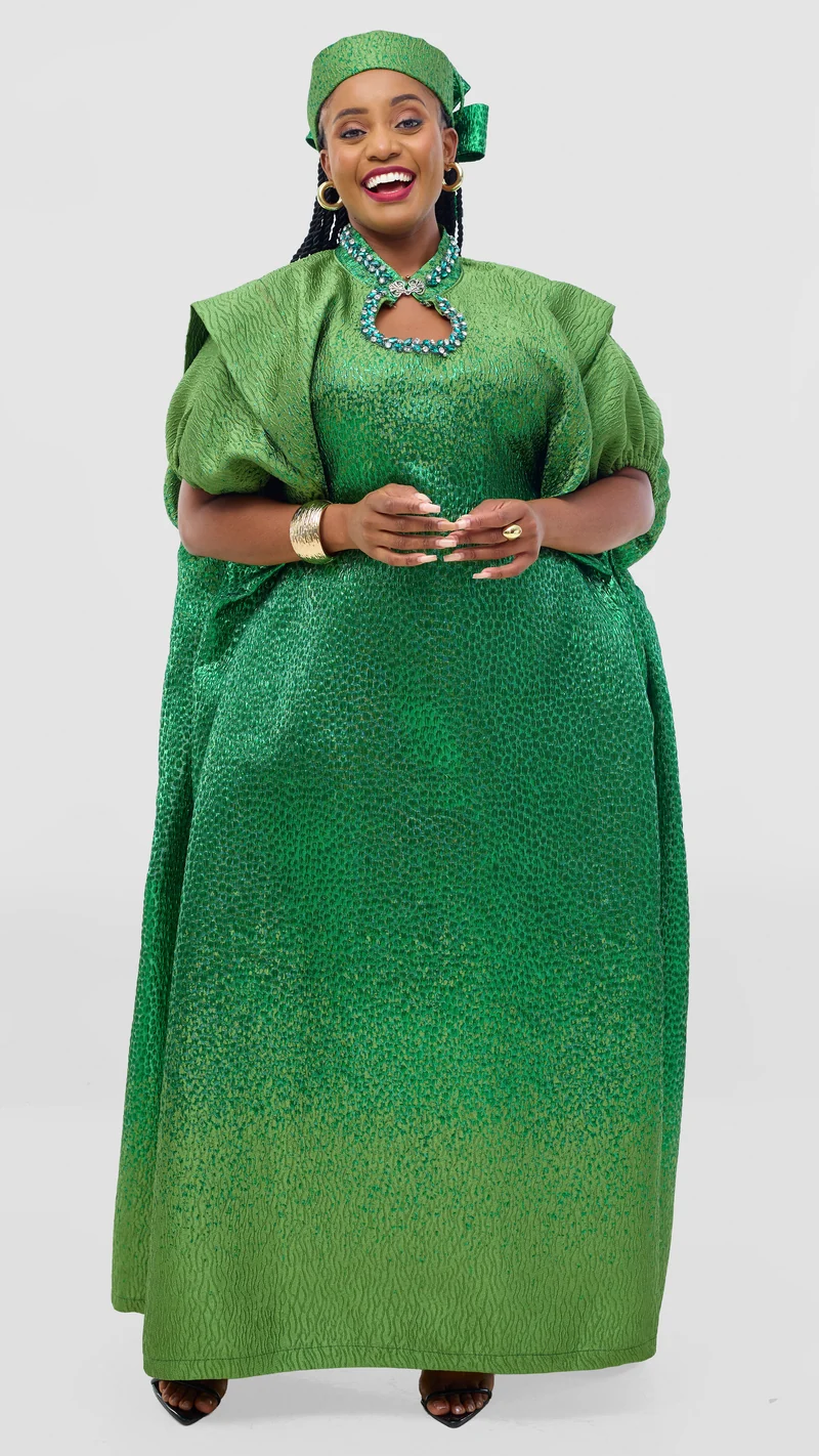 Shona Bold Elegance Brocade Dress With Matching Headpiece - Green