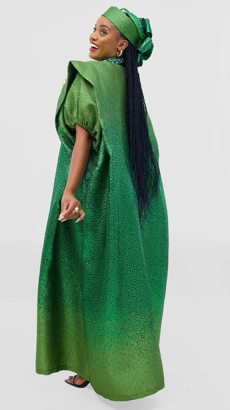 Shona Bold Elegance Brocade Dress With Matching Headpiece - Green