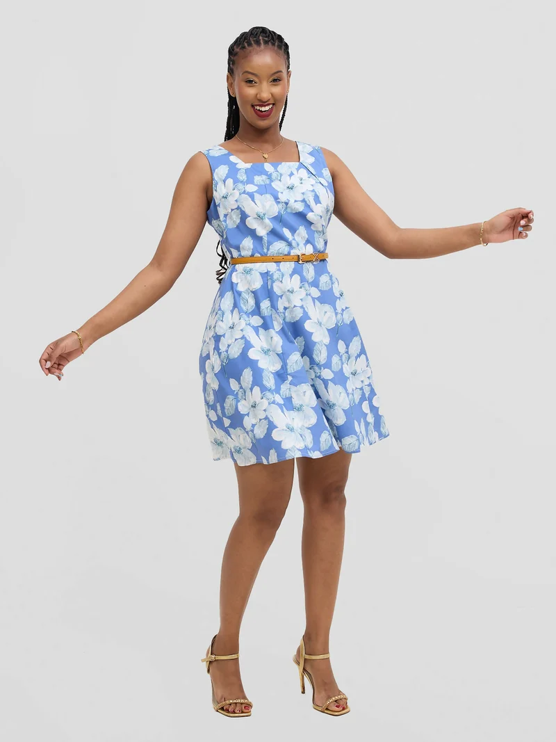 The Fashion Frenzy Belted Floral Skater Dress - Blue