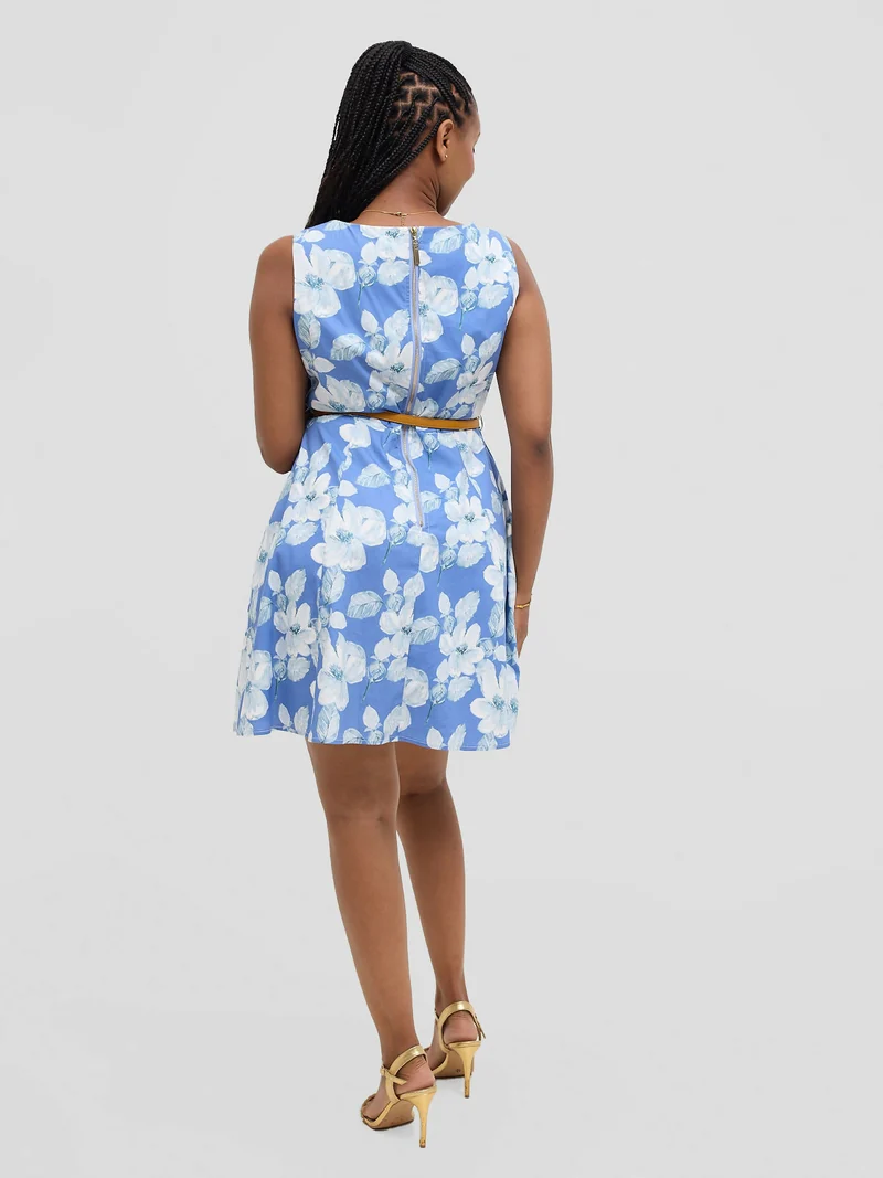 The Fashion Frenzy Belted Floral Skater Dress - Blue