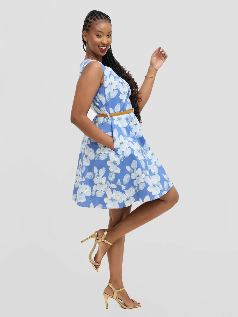 The Fashion Frenzy Belted Floral Skater Dress - Blue