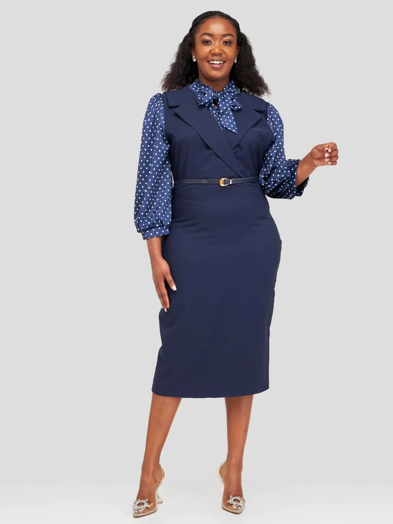 The Fashion Frenzy Belted Polka Dress - Navy