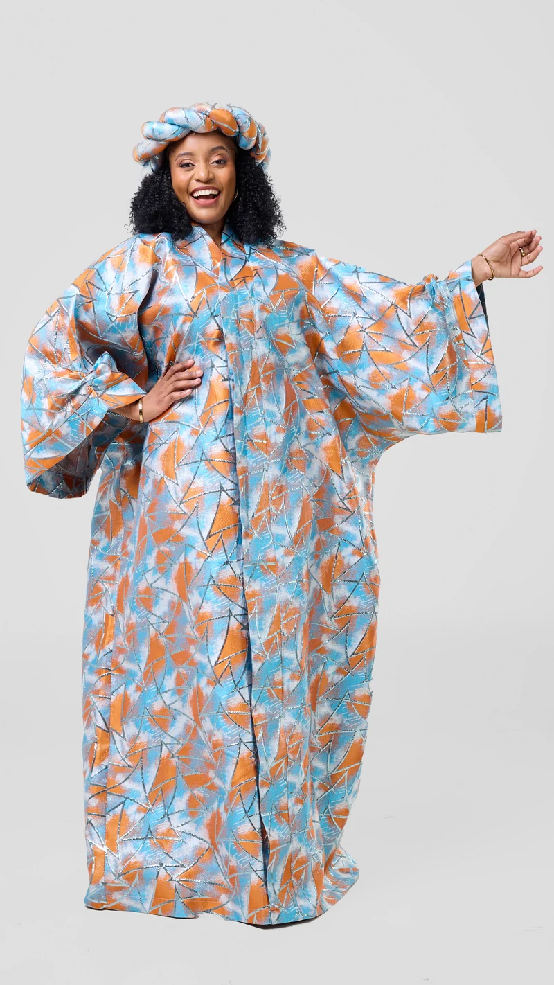 Hats And More Bold Elegance Brocade And Matching Headpiece Dress - Blue / Orange