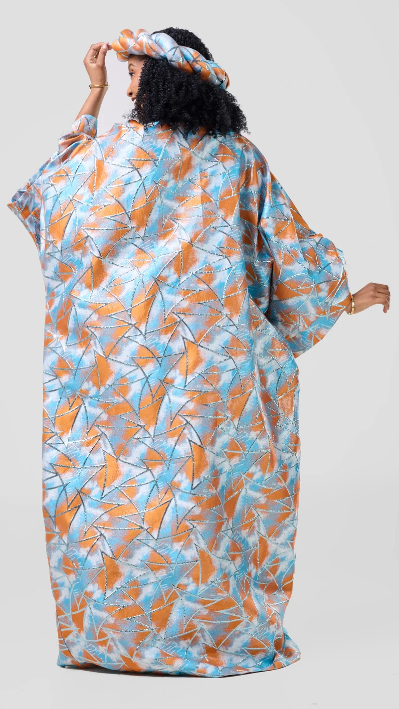 Hats And More Bold Elegance Brocade And Matching Headpiece Dress - Blue / Orange