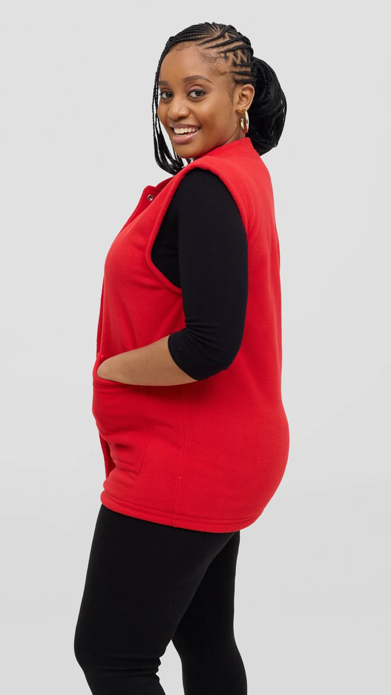 Timyt Urban Wear Curvy Plus Size Fleece With Frontal Pockets & Press Button Sweater - Red