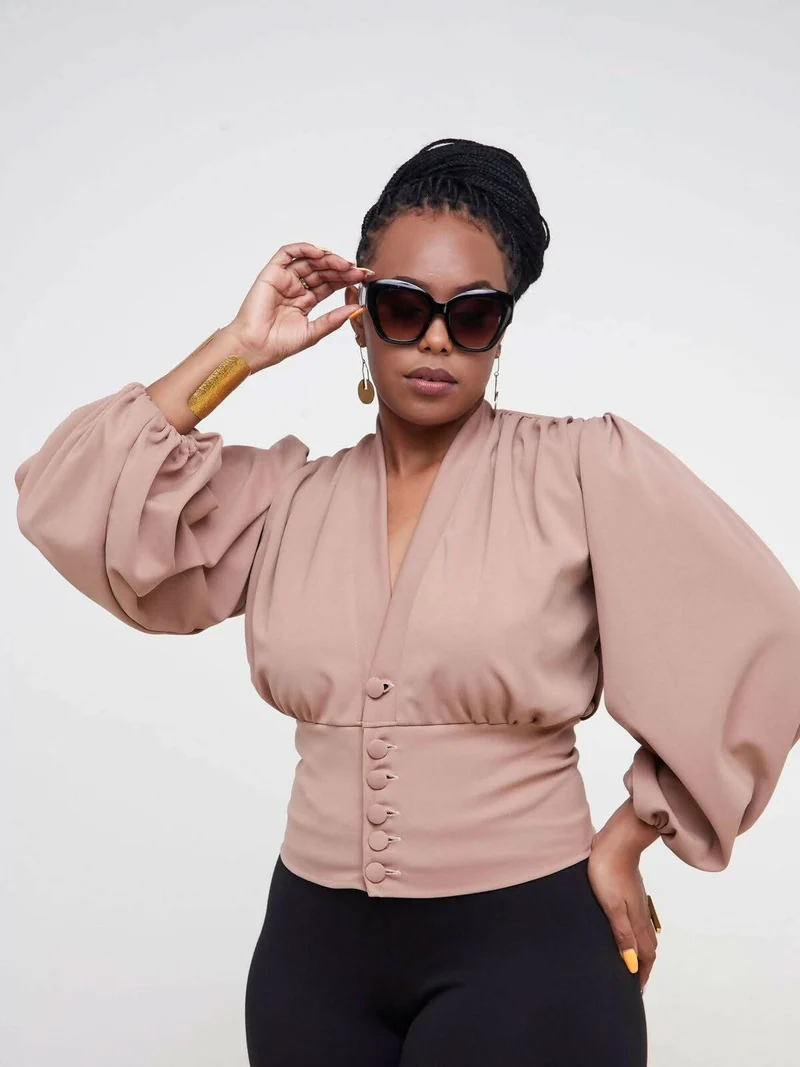 Merli Africa Lantern Sleeve Top - Nude
