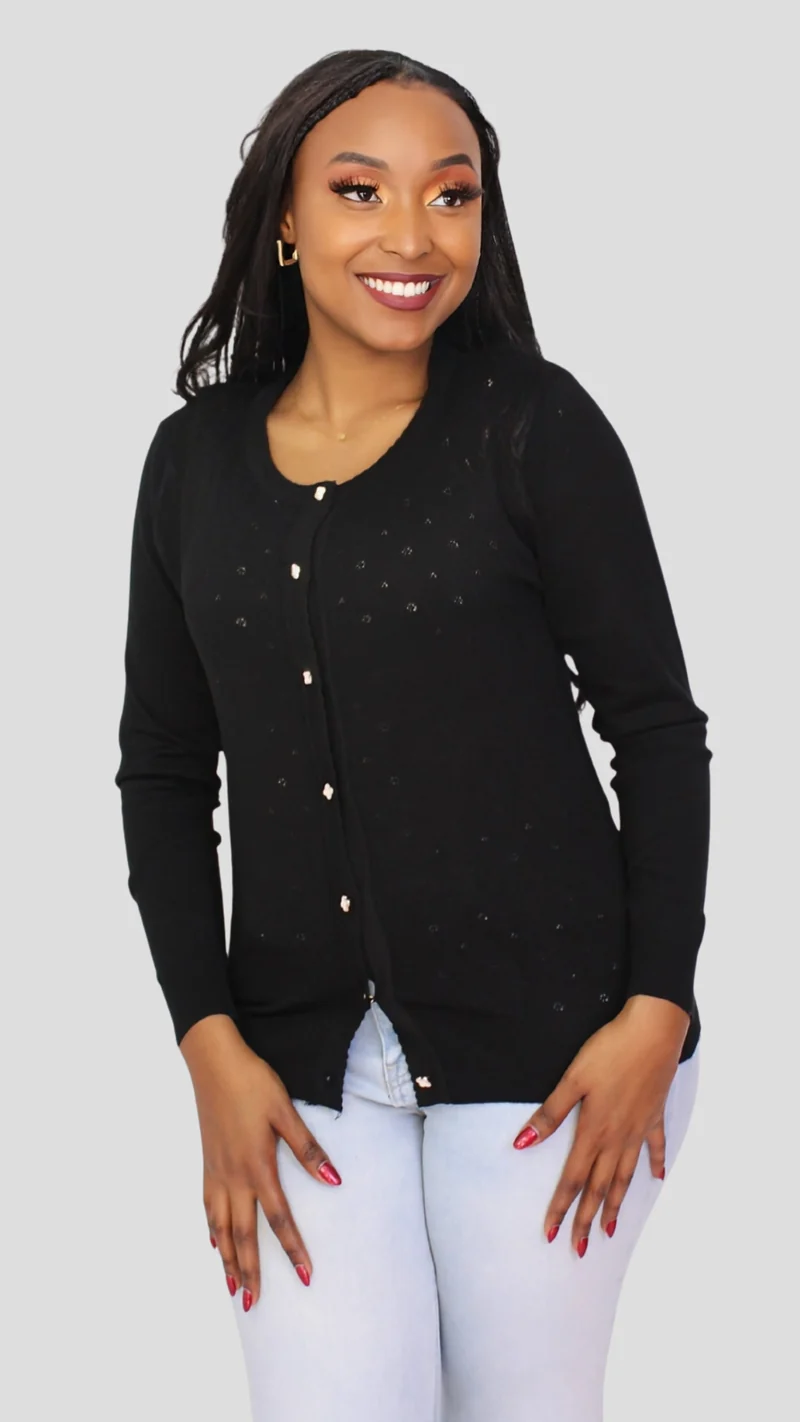 The Fashion Frenzy Pointelle Button Through Knit Cardigan – Black