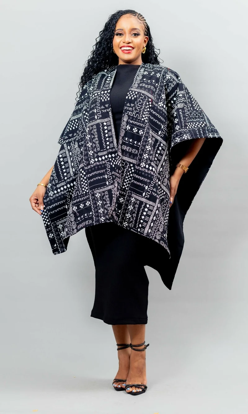 African Yuva Reversible Cape Poncho - Black Print