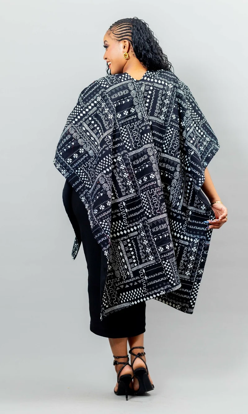 African Yuva Reversible Cape Poncho - Black Print