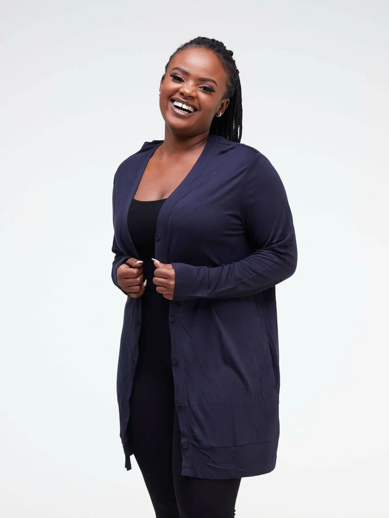 Hessed Midi Buttoned Waterfall - Navy blue