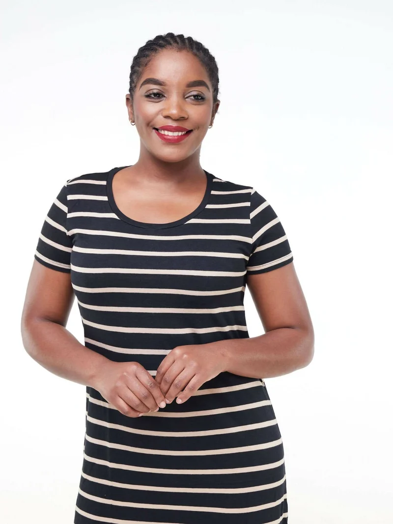 Hessed Sleeved Midi Striped Dress - Brown