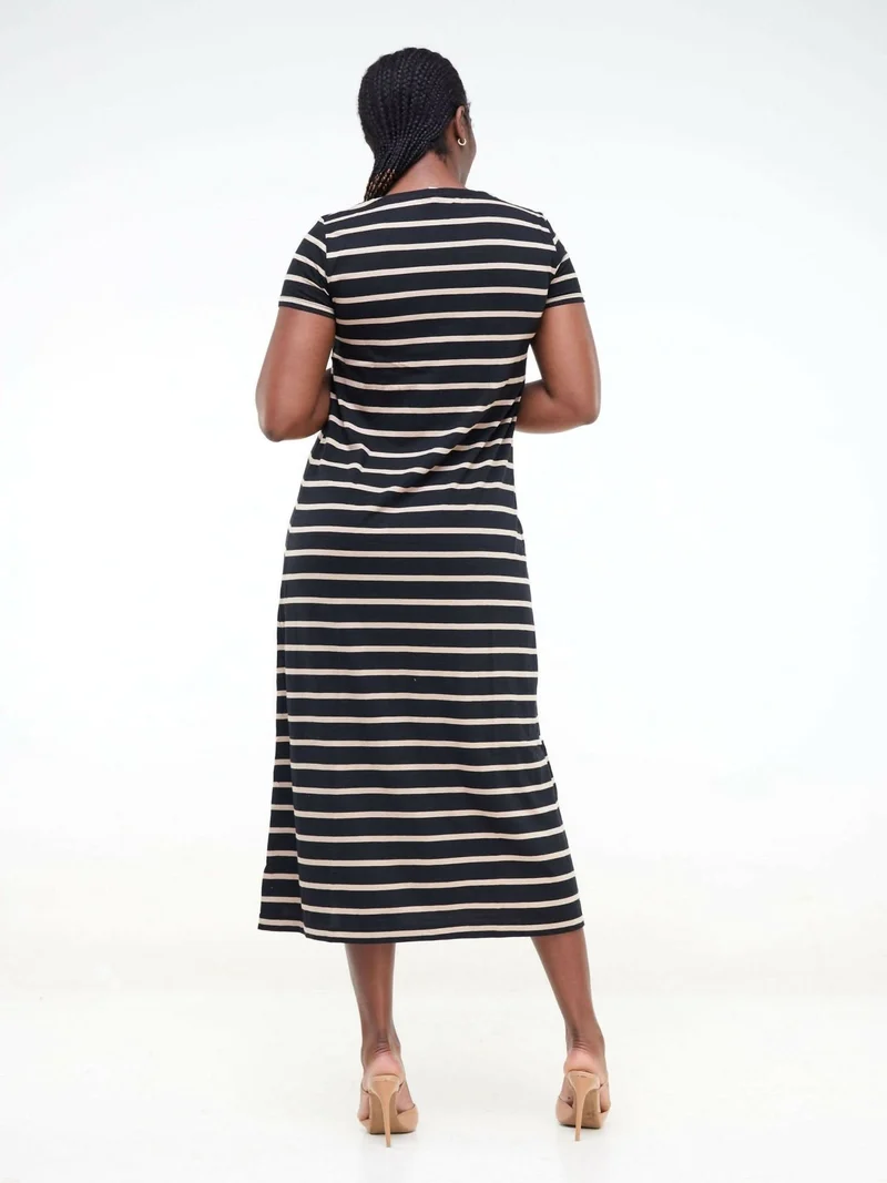 Hessed Sleeved Midi Striped Dress - Brown