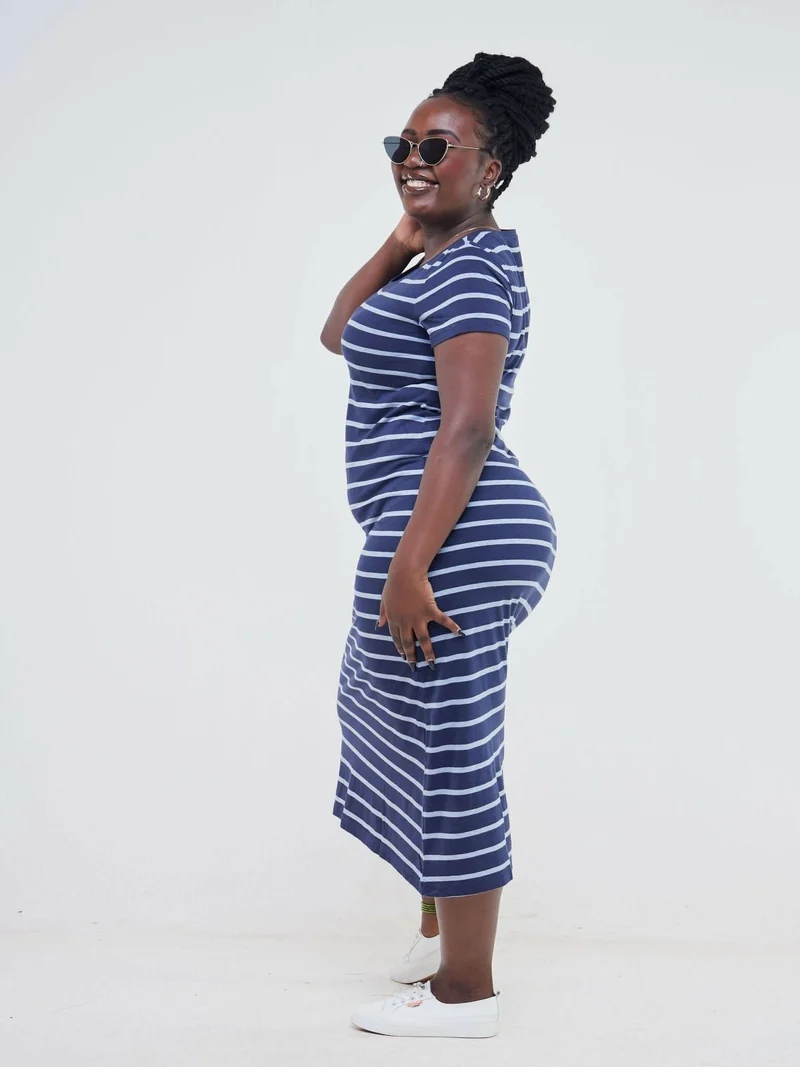 Hessed Sleeved Midi Stripped Dress - Blue