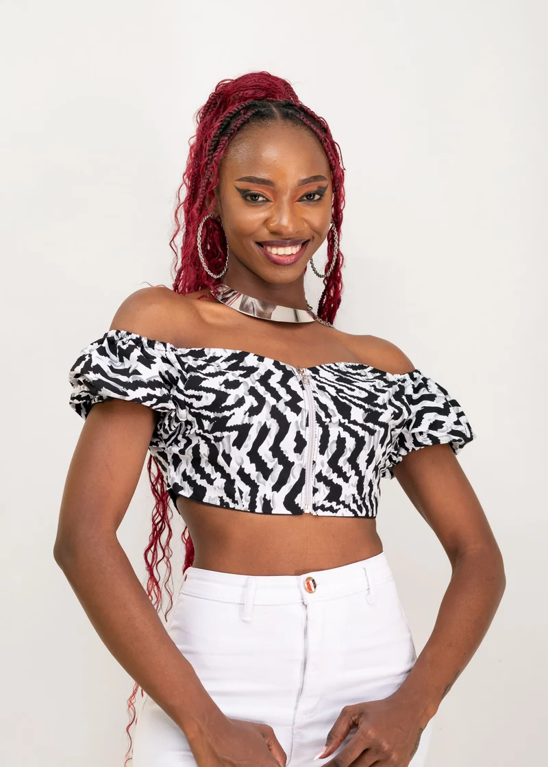 Da'Joy Fashions Adhara Ankara Top - White / Black