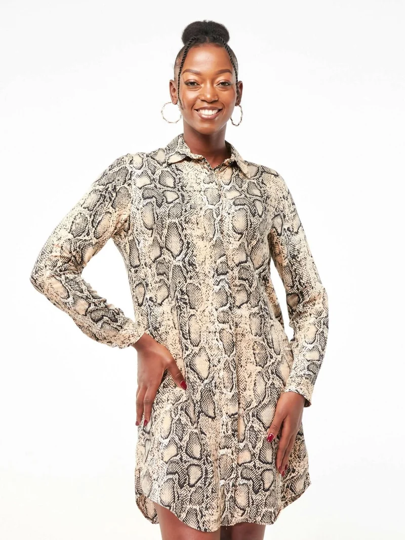 The Fashion Frenzy Snake Print Shirt Dress - Cream